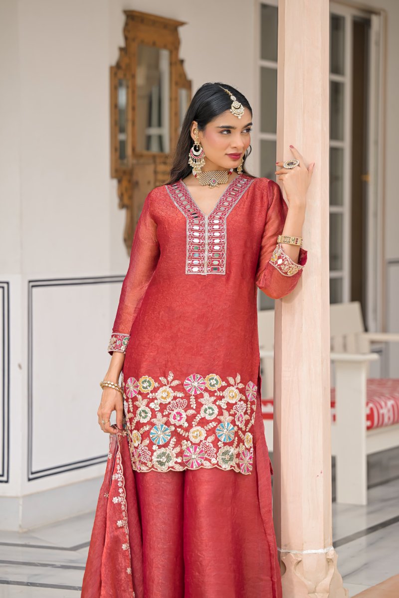 Red Colour D 50135 By Zaveri Crush Satin Readymade Suits 